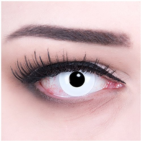 Ein Paar Funnylens Farbige weisse weiße Crazy Fun Kontaktlinsen mit Stärke White Out mit gratis Linsenbehälter. / BC 8.6 mm/DIA 14 mm / -1,50 Dioptrien für Halloween, Fasching, Kostüm