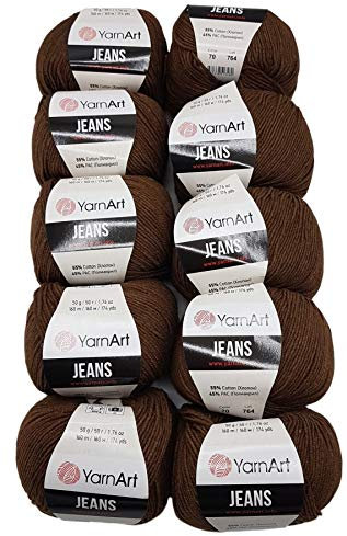 Ilkadim - YarnArt 10 x 50 Gramm Strickwolle YarnArt Jeans einfarbig mit 55% Baumwolle, 500 Gramm Wolle einfarbig (dunkelbraun 70)
