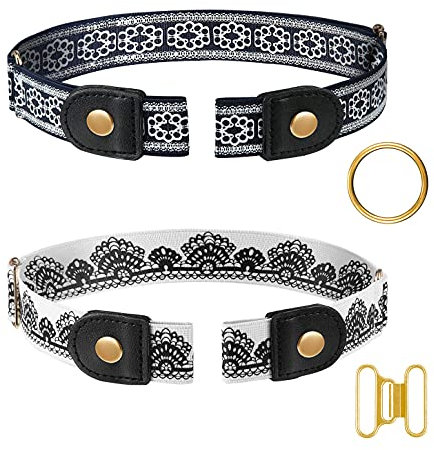 Ceintures Sans Boucle,2 Pièces Invisible Elastique Extensible Ceinture Cuir Sans pour Femme Homme Jeans,Impression,Bouton d'or
