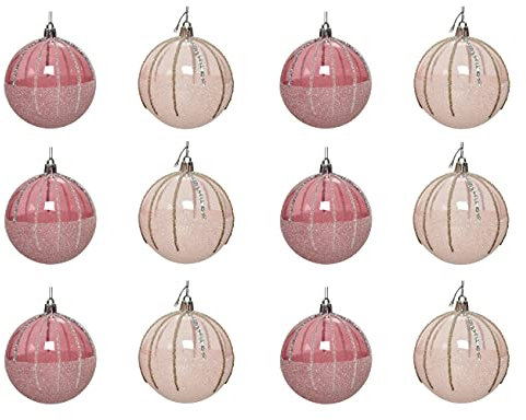 Decoris Weihnachtskugeln Kunststoff 8cm x 12 Stück bruchsicher Glitzer Streifen Muster durchsichtig rosa