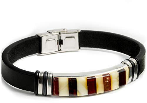 Frauen, Männer, Unisex Schmuck, Handgefertigtes Mosaik-Armband aus Baltischem Bernstein mit Kunstlederband, Edelstahlverschluss, Verstellbar (Schwarz Multi)