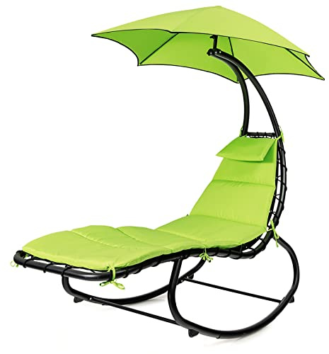 COSTWAY Hängeliege mit Sonnenschirm und Gestell, bis 150kg belastbar, Schwebeliege, Sonnenliege, Relaxliege mit Nackenkissen, Outdoor Schaukelliege für Balkon, Pool, Garten (Grün)