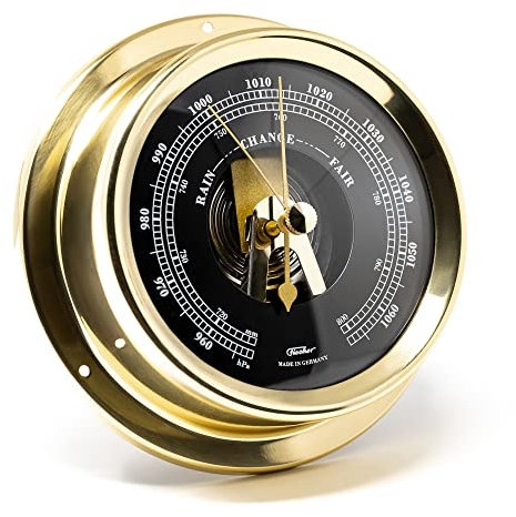 Fischer 1508B-45.6 – maritimes Innenbarometer – 125 mm Druckmesser, Ziffernblatt schwarz, Messing-Gehäuse Made in Germany