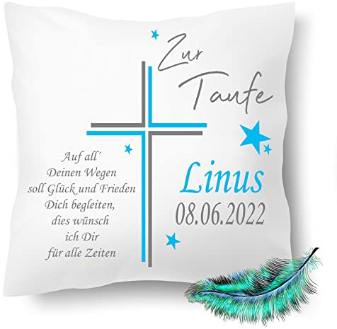 Taufkissen, Personalisierbares Kissen bedrucktes zur Taufe für Jungen und Mädchen, mit Namen, Datum, eigenem Taufspruch, Geschenk,| Dekokissen,| Kuschelkissen 40X40 (mit Kissenfüllung, Blau)