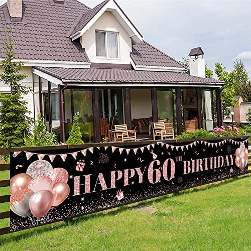 60 Geburtstag Deko Schwarz Roségold, 60 Geburtstag Frau Deko, 60 Geburtstag Deko Banner Hintergrund, Groß 60 Geburtstag Frauen Deko Stoff Schild Poster Banner für 60. Geburtstagsfeier Deko, 300×50cm