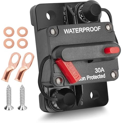RED WOLF Kfz 30A Schutzschalter mit Kabelschuhe Kupferscheiben Wasserdichte Leistungsschalter mit Manuellem Reset für LKW Wohnmobil Boot Auto Audio 30 Ampere Sicherungshalter 12V-48V DC