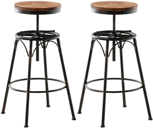 CLP 2er-Set Barhocker Beam Mit Holzsitz Und Metallgestell I Sitzhocker mit runder Sitzfläche I Höhenverstellbar Drehbar, Farbe:Bronze