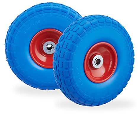 Relaxdays Set of 2 PU Wheelbarrow Tyres Blue/Red 2 Stück Schubkarrenreifen Pannensicher Vollgummi 4.1/8.9-10.2 cm 16mm-Achse Ersatzrad Blau/Rot, 70% Gummi 30% Stahl, 260x85 mm