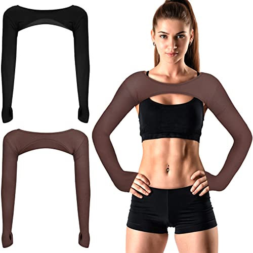Janmercy 2 Stück Damen Langarm Crop Tops Cutout Workout Bolero Shrug Ballett Yoga Sport Shrug Casual Cropped Tops, Schwarz / Braun, Small