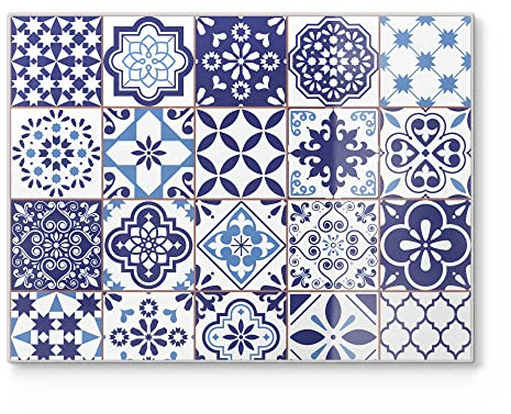DEQORI Schneidebrett aus Glas | groß 40x30 cm | Motiv Azulejo Wandkacheln | Design Schneideplatte für Küche | Frühstücksbrett antibakteriell & rutschfest | Glasplatte & Servierplatte