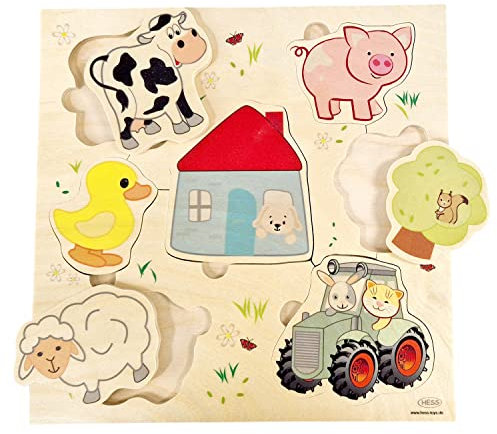 Hess Holzspielzeug 14970 - Puzzle Bauernhof aus Holz, handgefertigt, für Kinder ab 3 Jahren, Größe ca. 26 x 26 x 2 cm, mit Hoftier-Motiven, Farben auf Wasserbasis