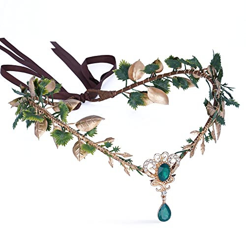 MOSTORY Goldene Elfenblätter, Kreis für Frauen, grüne Kristalle, V-Form, Krone, für Damen, Waldfee, Blumen-Kopfschmuck für Hochzeit, Geburtstag, Party, Königin, Cosplay, Haarschmuck, Halloween,