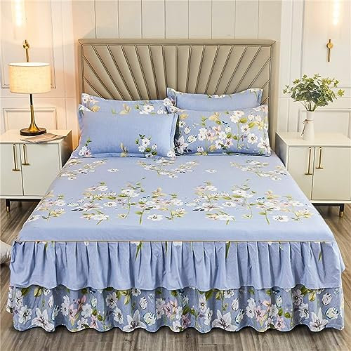 Odot Bettrock Rüschen, Blumen Muster Spannbettlaken mit Volant Elastische Bettvolants Matratzenschoner Spannbetttücher Spannbetttuch Bettlaken für Boxspringbetten (200x220cm,Weiße Blumen)