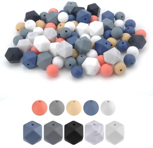 75 perline in silicone per fai da te, perline rotonde in gomma, poligonali, set di perline per collane fai da te