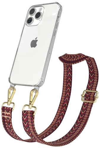 EAZY CASE Handykette - Verstellbares Taschenband kompatibel mit iPhone 15 Pro Max, Schulterriemen, Handykordel mit Silikon Hülle, Umhängetasche, Rot Braun Gold
