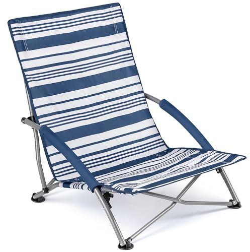 Trail Low Folding Beach Chair, Lightweight Portable Deck Sun Lounger Seat, Camping Festival Picnic Garden, Padded Armrests, Anti Sink Feet, Carry Bag with Strap (Navy Blue Stripe)