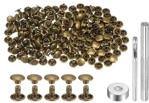QUARKZMAN 100 Sets Ledernieten, 6 x 8 mm, Metall, Doppelkappe, Nieten, Druckknöpfe, Nieten, Verschlüsse mit 3 Setzwerkzeugen, Nieten für Lederhandwerk, DIY, Reparatur, Dekoration, Bronze