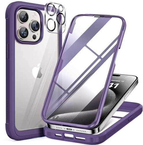 Miracase Glass Case for iPhone 15 Pro Max Case 6.7-Inch, Full Body Bumper Clear Back Cover and Built-in 9H Tempered Glass Screen Protector + Camera Lens Protector (Purple)