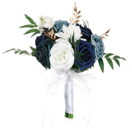 Hochzeits-Brautstrauß, künstlicher Blumenstrauß, Braut, hält Blume, Brautjungfernstrauß für Hochzeit, Verlobung, Party (Farbe: Blau und Weiß)