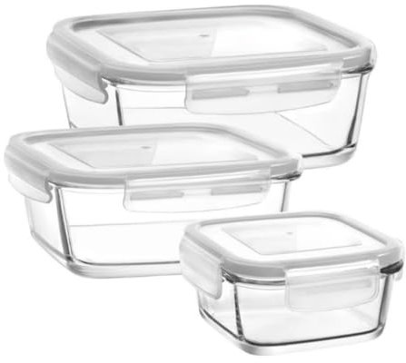 NORDIC SCHILLER 3er-Set Frischhaltedosen aus Glas 1150 cc, 720 cc, 375 cc, Vorratsdosen mit Auslaufsicherem Deckel, Aufbewahrungsbox, Meal Prep Boxen für Lebensmittel, Frischhaltedosen Kühlschrank
