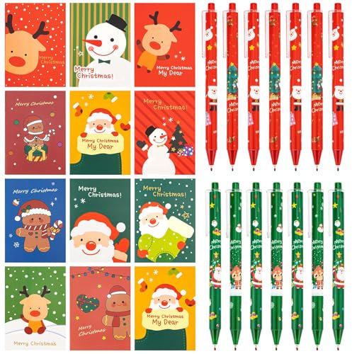 48 Stücke Kugelschreiber Weihnachten Set, 24 Mini Weihnachten Notizblöcke Kinder, 24 Weihnachtsgel Tinte Stifte Cartoon, Weihnachtsmann Schneemann Rentier Muster Notizbuch Party Geschenke Bag Fillers
