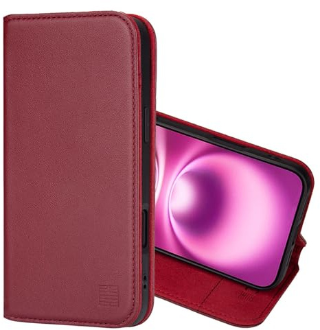 32nd Classic Series 2.0 - Real Leather Book Wallet Flip Case Cover For iPhone 16 Plus (6.7), With RFID Blocking Card Slot, Magnetic Closure and Built In Stand - Burgundy