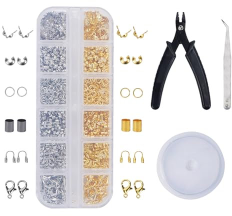 Zythrem 1200 Stück Schmuckherstellung Zubehör Set, Quetschperlen, Verschlüsse für Armbänder, Kettenverschluss, Offene Biegeringe, Quetschkalotten für Anfänger Selber Machen