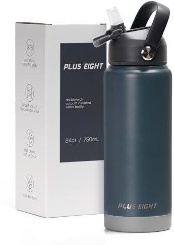 pluseight Water Bottle with Straw Lid, 750ml (24oz) Vacuum Insulated Water Bottles, Stainless Steel Water Bottle Wide Mouth for Sports, Gym or Office, BPA-Free Keep Cold 24H Hot 12H (Blue)