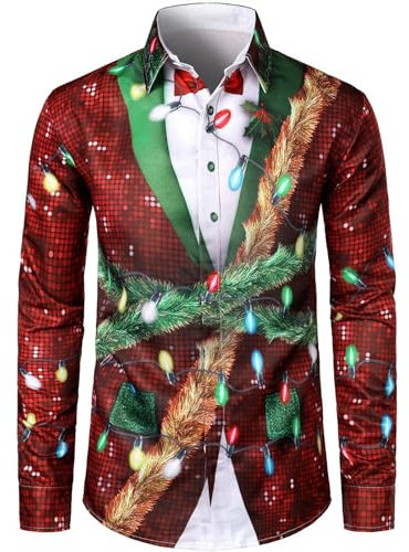 Men's Christmas Shirt Xmas Hawaiian Shirts Santa Claus Reindeer Shirt 3D Funny Printed Shirt Tops Button Down Shirt Xmas Lapel Shirt Soft Comfortable Vacation Shirt for Men