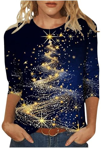 Keepink Christmas Jumpers for Women UK Plus Size 8-24 Glitter Xmas Tree Print 3/4 Sleeve Tops Cotton Crewneck Pullover Blouse Dressy Casual Tunic T Shirt Ladies Xmas Sweatshirts