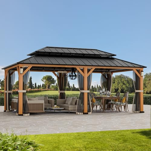 Modern Shade Horizon Tonnelle de Jardin 3,5 x 6m avec 4 Lumières LED, Tonnelle Permanente à Double Toit Rigide en Acier Galvanisé, Ultra-Résistant pour Jardin avec Crochets