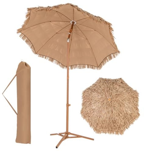 RELAX4LIFE Parasol Paille avec Pied Φ200cm, Parasol de Plage Hawaï Tropicale avec 8 baleine,Sac de Transport, Base Pliable, Parasol de Jardin Extérieur en Paille Inclinable pour Plage Patio Piscine