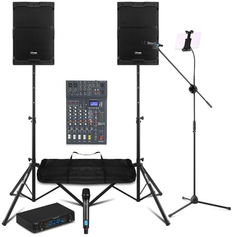 Power Dynamics PDY212A 12 inch Pro Karaoke System, complete with PD220 Dual Wireless Mic System, 6 Channel Mixer with USB Audio Interface, Tripod Speaker and Mic Stands, Tablet Holder, XLR leads