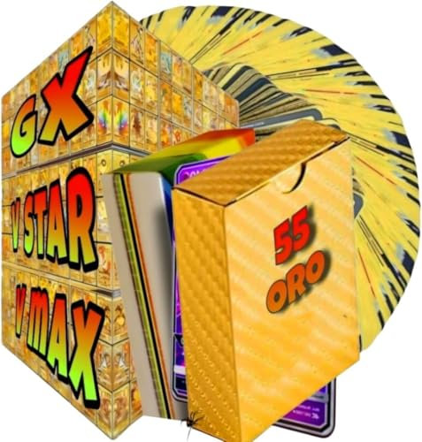 55 Cartas Pok de Lamina con Alto Ataque, Material de PVC, Cartas de Colección, Version Ingles (Doradas)