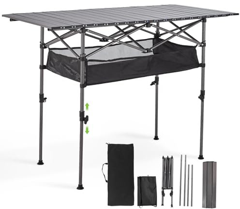 Warmiehomy Folding Camping Table, Adjustable Height Portable Picnic Table with Storage Bag for Outdoor Camping, Beach, Backyard, BBQ, Party, Patio, Picnic, Sliver Gray,95x56x80cm