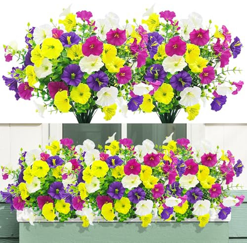 YSUVIN 4 Bouquets Fleurs Artificielles, Simulation Fausse Gloire Matinale Fleurs Pétunia Deco Plante Artificielles Exterieur Intérieur Salon Maison Porche Jardin Balcon Et Jardin(Multi)