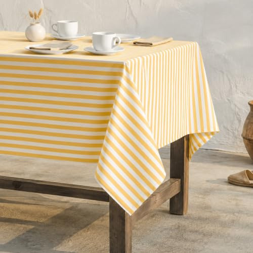 GAMUSI Tischdecke, schmutzabweisend, rechteckig, Baumwollstoff, wasserdicht, gelbe Streifen, 140 x 100 cm