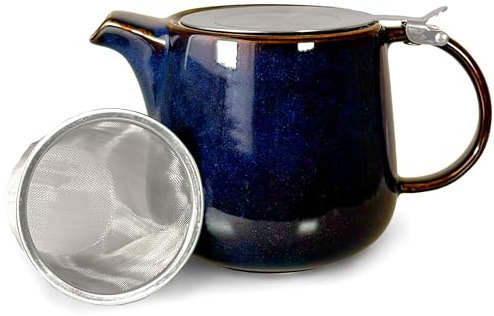 Scandi Home 1L Bergen Reactive Glaze Infuser Teapot – Heat-Retaining Ceramic, Stainless Steel Lid, Drip-Free Spout – Perfect for Loose-Leaf & Bagged Tea (Blue & Cream Options) (Blue)