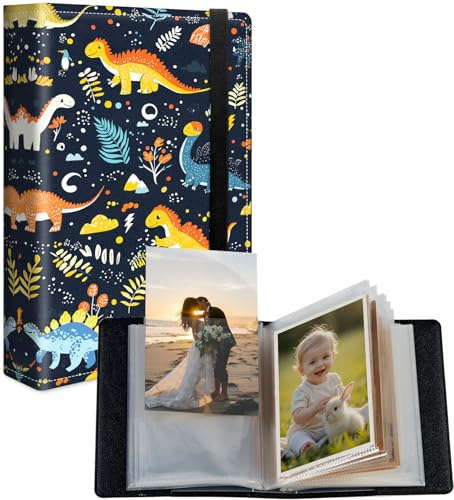 Kleines Fotoalbum 4x6 für 120 Bilder, PU-Ledereinband Bilderalbum mit Gummiband, Mini-Fotobuch für Familie Baby Hochzeit Jahrestag Reise Scrapbook, Niedlicher Dinosaurier