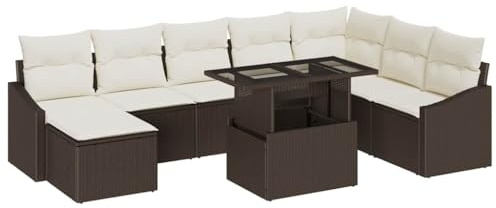 vidaXL Garten-Sofa-Set mit Kissen 9 pcs Braun und Creme, Garten und Terrasse, moderner Rattan-Sofagarnitur, UV-beständige Materialien, abnehmbare Kissen, Sitzgruppe für den Außenbereich