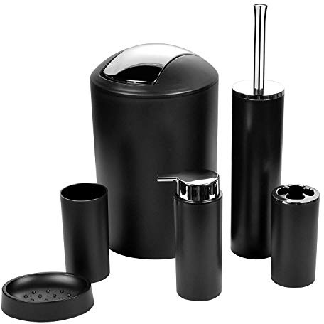 Bathroom Accessories Set – 6 Piece -Black Bathroom Set with Bin, Toilet Brush, Soap Dispenser, Toothbrush Holder, Cup & Soap Dish – Durable Plastic, Modern Design for Home or Gift