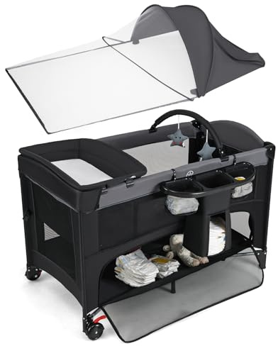 DREAMADE 4 in 1 Babybett, Baby Reisebett höhenverstellbar mit Matratzemit,Wickeltisch,Mosktionetz & Spielbogen, Beistellbett mit Rollen & Tragetasche für bis 36 Monaten, Schwarz