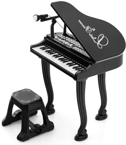 KOMFOTTEU Set di pianoforte per bambini, 37 tasti, pianoforte elettronico con microfono e sgabello, tastiera per pianoforte elettronica con 8 effetti di percussione e stili di accompagnamento