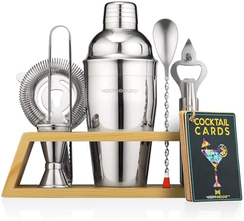 Cocktail Shaker Set, Bartender Kit with Bamboo Stand, Stainless Steel Bar Tool Set for Drink Mixing Home Bartending Kit (10 Pcs)