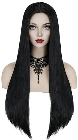 Puzgaqy Schwarze Perücke für addams Kostüm Perücke Damen mit Halskette Lang Gerade Schwarze Perücke für Halloween Fasching Karneval PU012BK