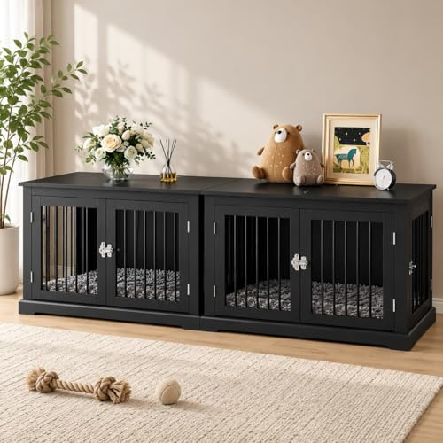 HOLTICO Mueble Jaula para Perros Grandes,Tapa Abatible,Tubos de Metal Antimordeduras,Doble Puerta,Incluye Cojín,Interiores,Mesa Auxiliar Salón,98x71.2x79cm,(Negro*2)