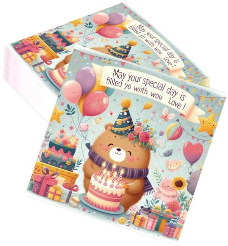 Ovanda 20 Stück Bär Servietten 1. Geburtstag 33 x 33 cm, Baby Servietten für Babyparty Junge Mädchen, Servietten Kindergeburtstag, Happy Birthday Servietten Tiere und Tischdeko
