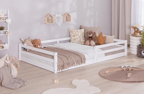 TiCAA Bodenbett, Kinderbett Massivholz – Montessori Bett „Neo“ aus Kiefer mit Lattenrost und Rausfallschutz, Holzbett belastbar bis 150 kg
