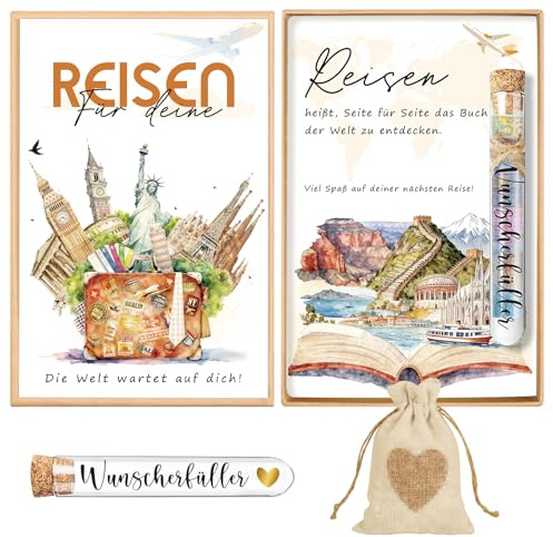 Geldgeschenk Reise Urlaubskasse Kreative Geschenk für Reisekasse Abenteuer | Geldgeschenk Urlaub inklusive Geschenkbox, Grußkarte, Reagenzglas, Jutesäckchen, Aufklebern, Hanfseil, Rundes Etikett
