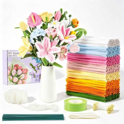 400 Pcs Pipe Cleaners Craft, 8 Assorted Colors Pipe Cleaners Bulk | Chenille Stems for DIY Flower Making Kit with Floral Wires, Gardening Tape,Stamen& Ribbon（Yellow Series）